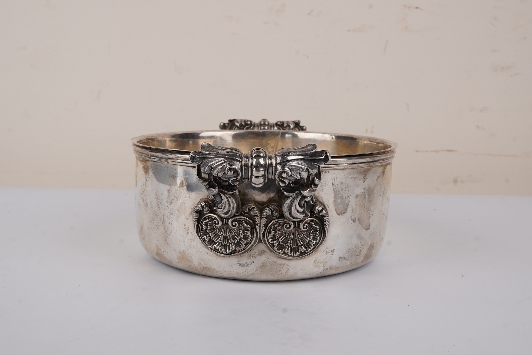A William IV silver two handled souffle dish with liner by Robert Garrard II